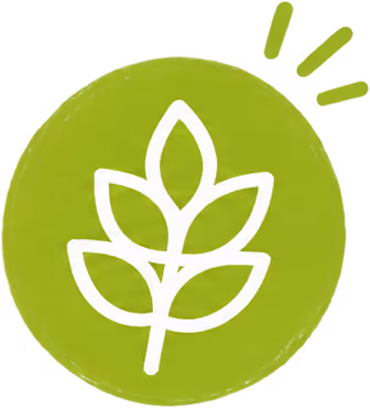 White leaf icon with five rounded leaves on a thick stem inside a green circle with three short yellow lines radiating from the top right.