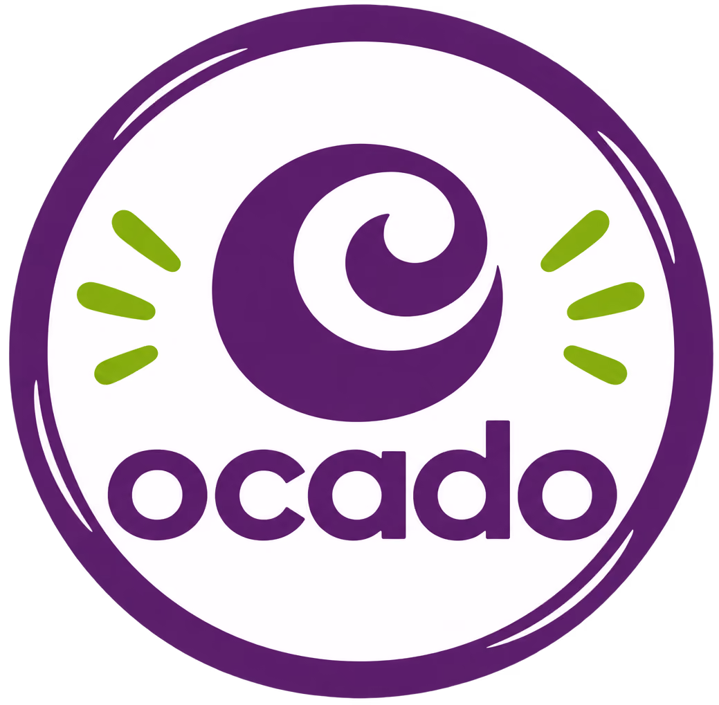 Ocado logo featuring a stylized purple swirl above the company name 'ocado' in lowercase purple letters, set within a white circular background with green accent marks on each side and a purple outer glow.