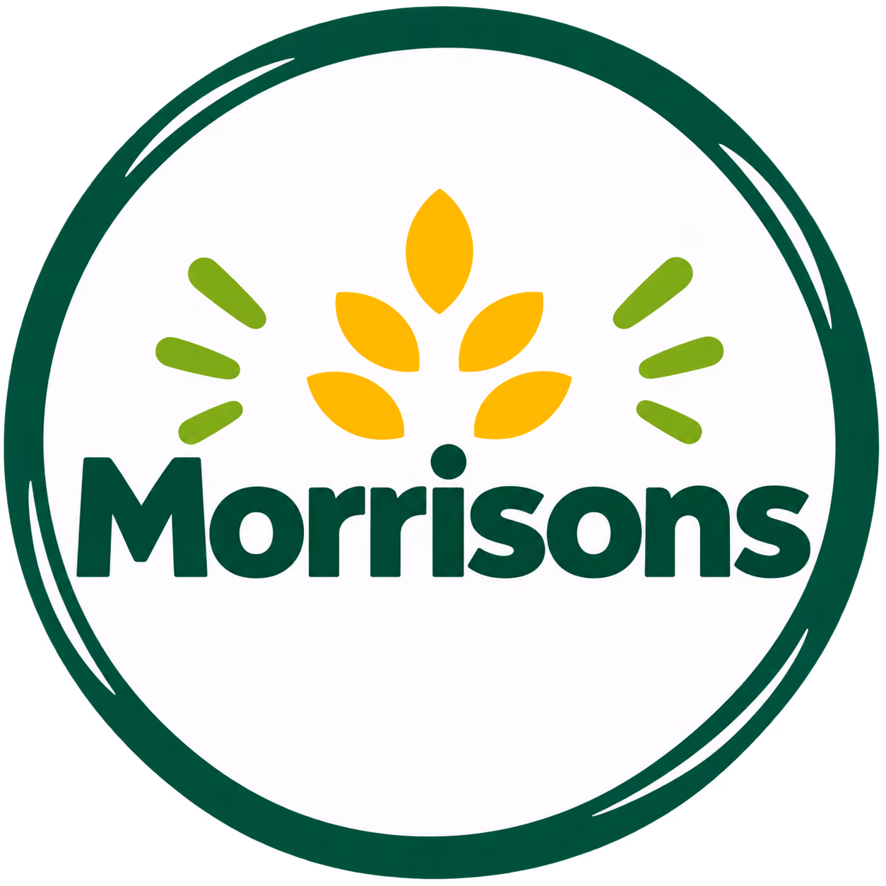 Morrisons logo with dark green text and a graphic of six yellow leaf shapes arranged in a circular pattern above the text, enclosed within a dark green circular border with white accents.