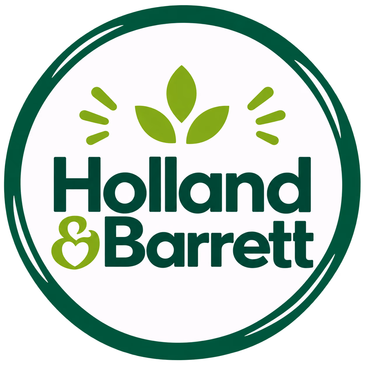Green and white circular logo with three green leaves at the top and the text 'Holland & Barrett' in bold, green font inside the circle.