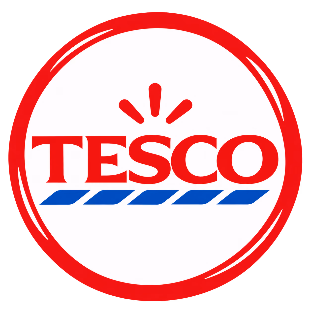 Tesco logo with the word TESCO in bold red letters above a blue striped underline, all inside a red circular border.