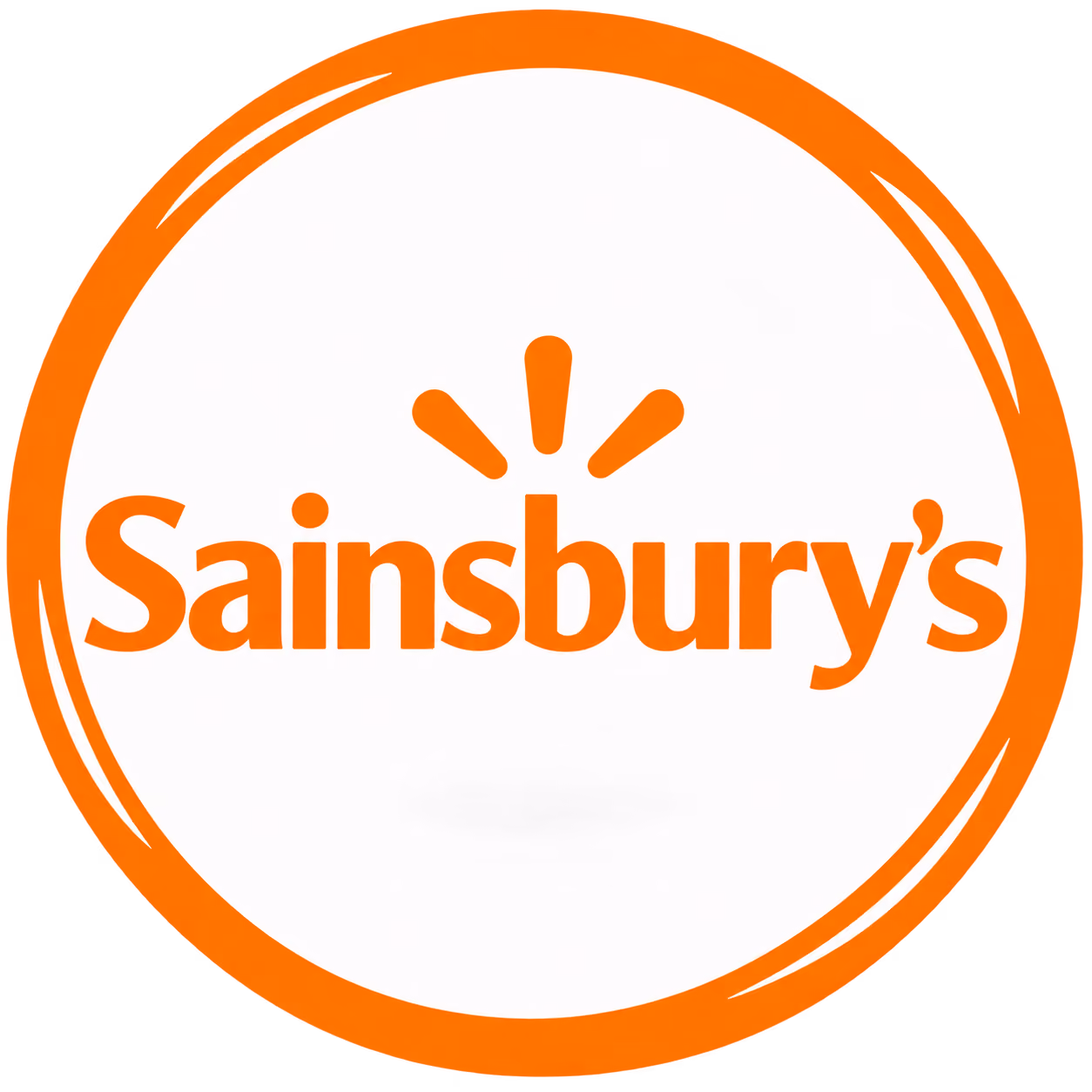 Sainsbury's logo with orange text and stylized rays above the letter 'i' inside a thick orange circular border on a white background.