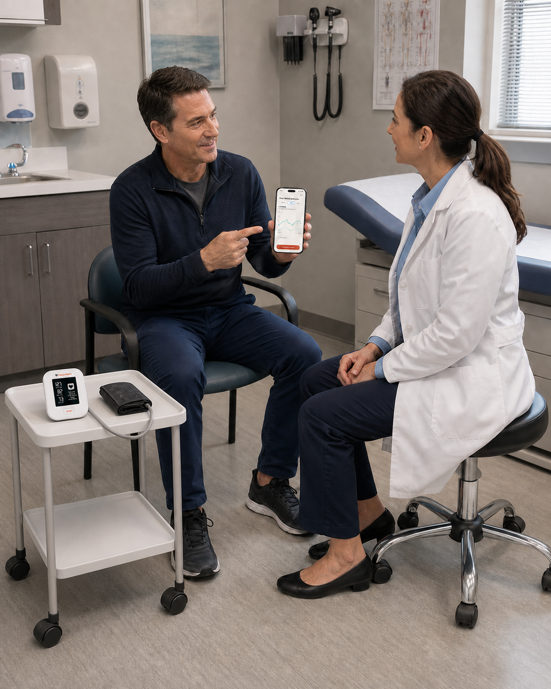 A patient showing his Happy Hearts blood pressure summary to his doctor