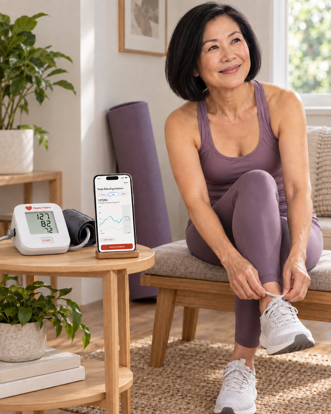 A smiling woman beside her Happy Hearts blood pressure monitor and app after exercising