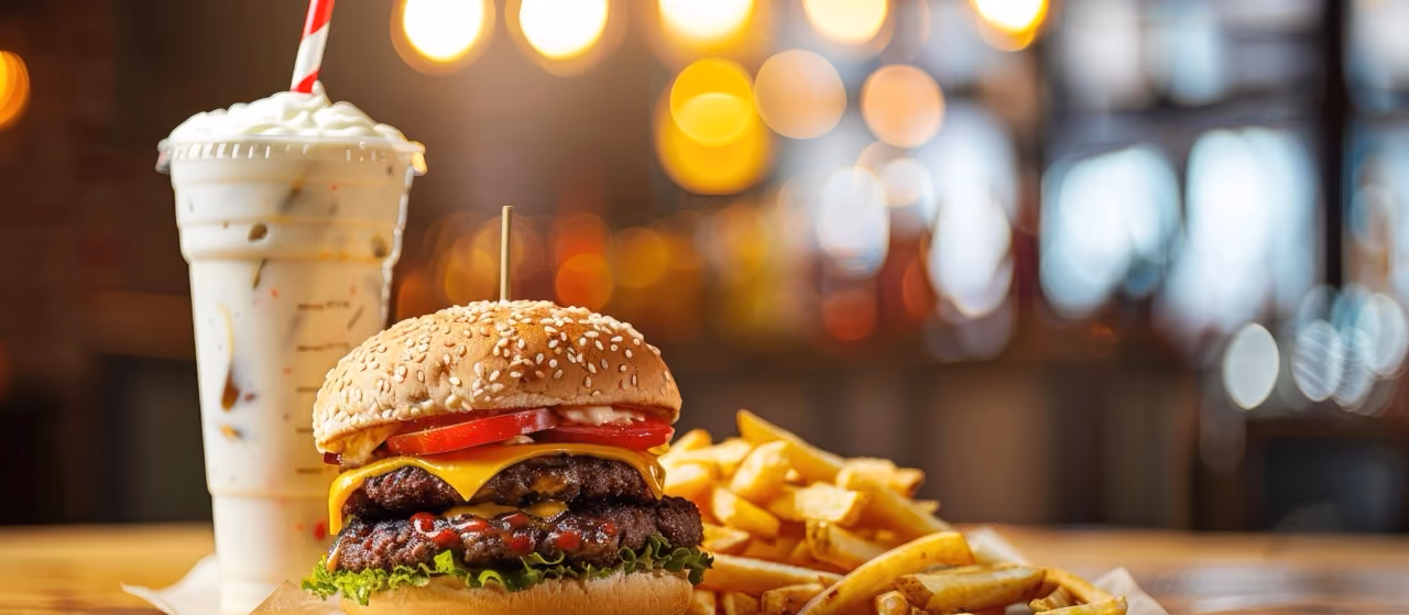Double cheeseburger with lettuce and tomato, fries, and a milkshake with whipped cream and a striped straw.