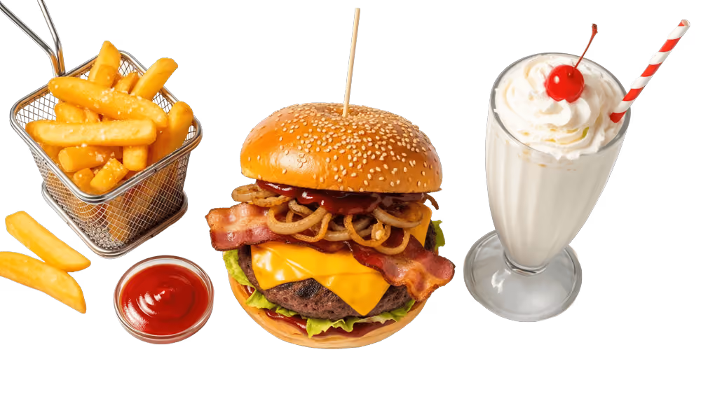 Cheeseburger with bacon and fried onion rings, fries with ketchup, and a milkshake topped with whipped cream and cherry.