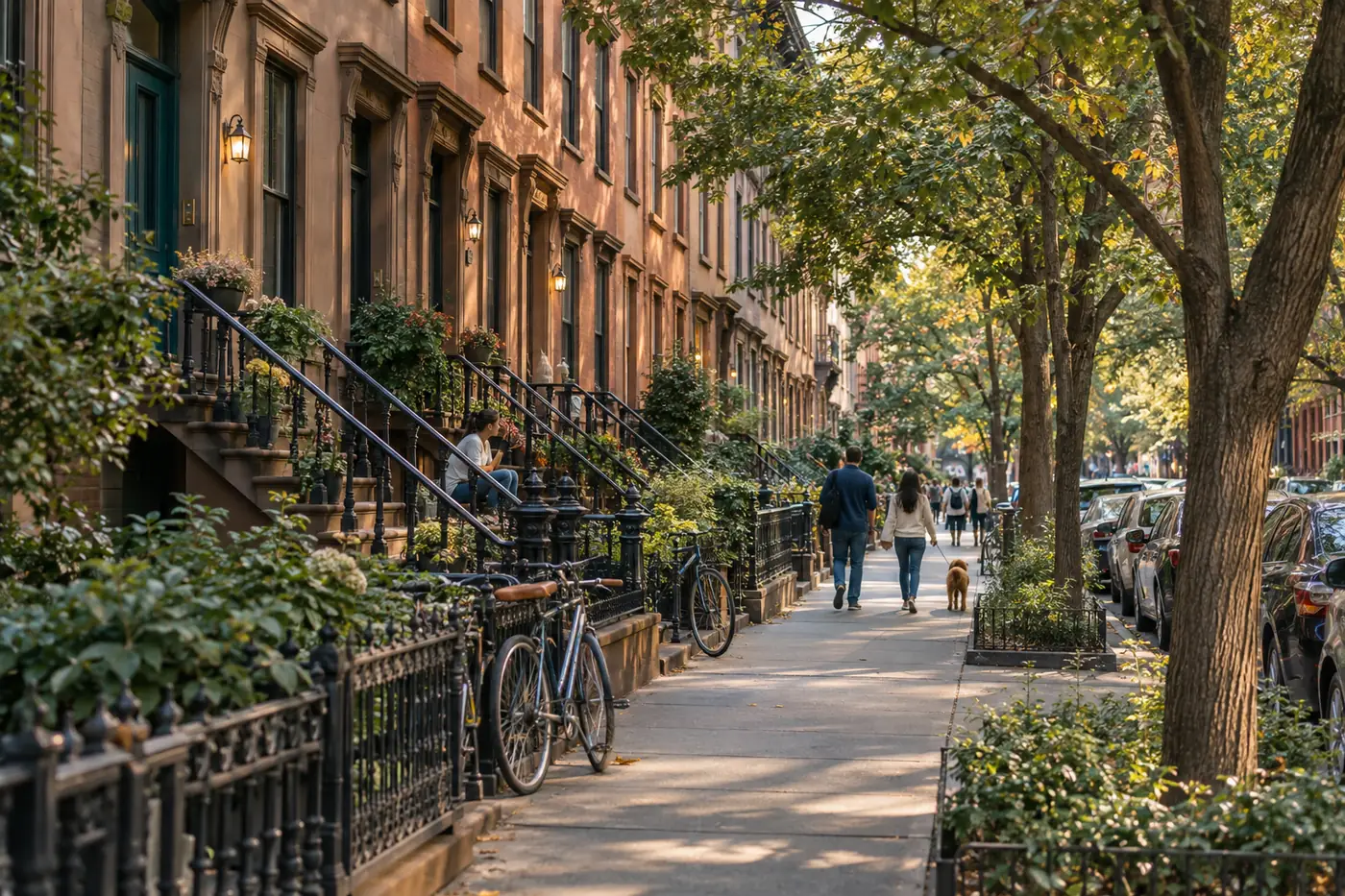 A tree-lined New York residential street with brownstones and neighbors