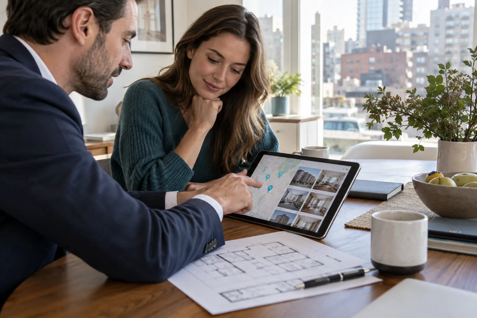 A client reviewing New York neighborhoods and apartment options with a real estate professional