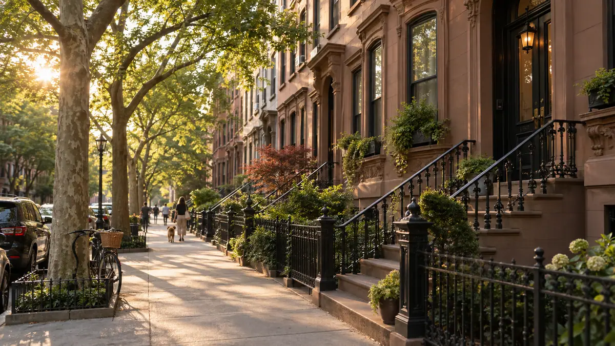 A tree-lined Brooklyn brownstone street