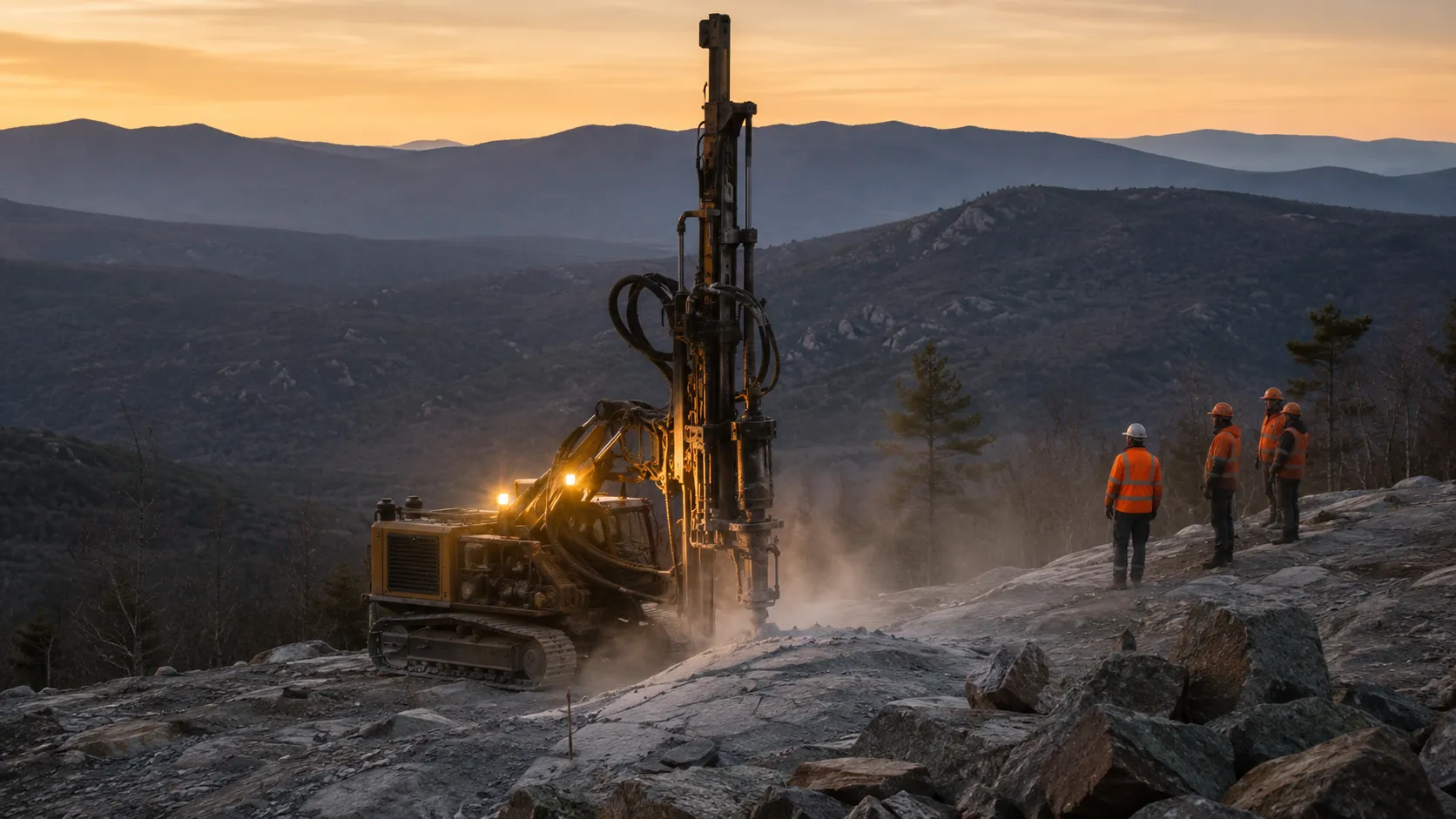 Steep ridge terrain with rock-work equipment on an operating site