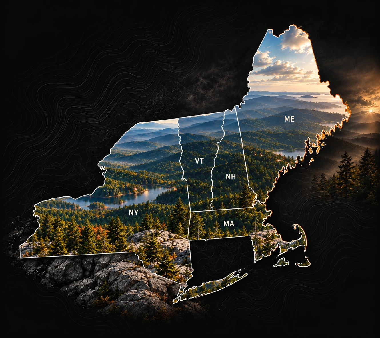 Illustrated service-area map of New York, Vermont, New Hampshire, Massachusetts, and Maine, filled with a regional landscape.
