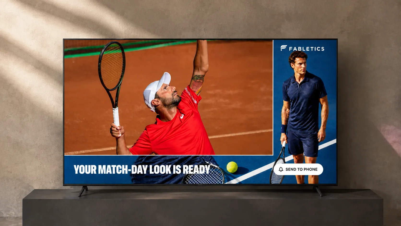 Illustrative television concept showing tennis programming with a Fabletics skinny L-band ad and Send to Phone action.
