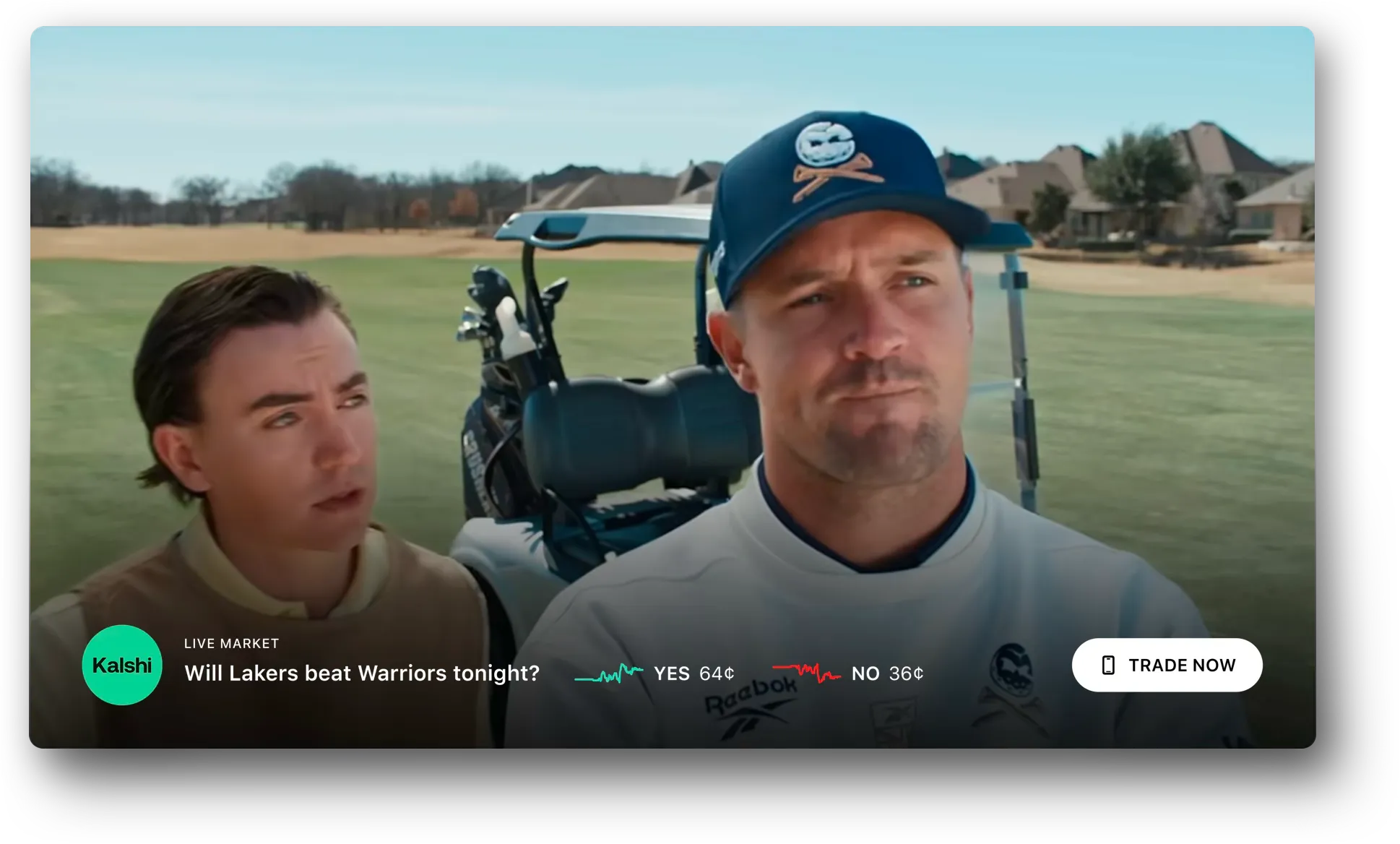 Interactive SSAI example with a Kalshi lower-banner companion, displayed market prices, and a Trade Now call to action over a video advertisement.