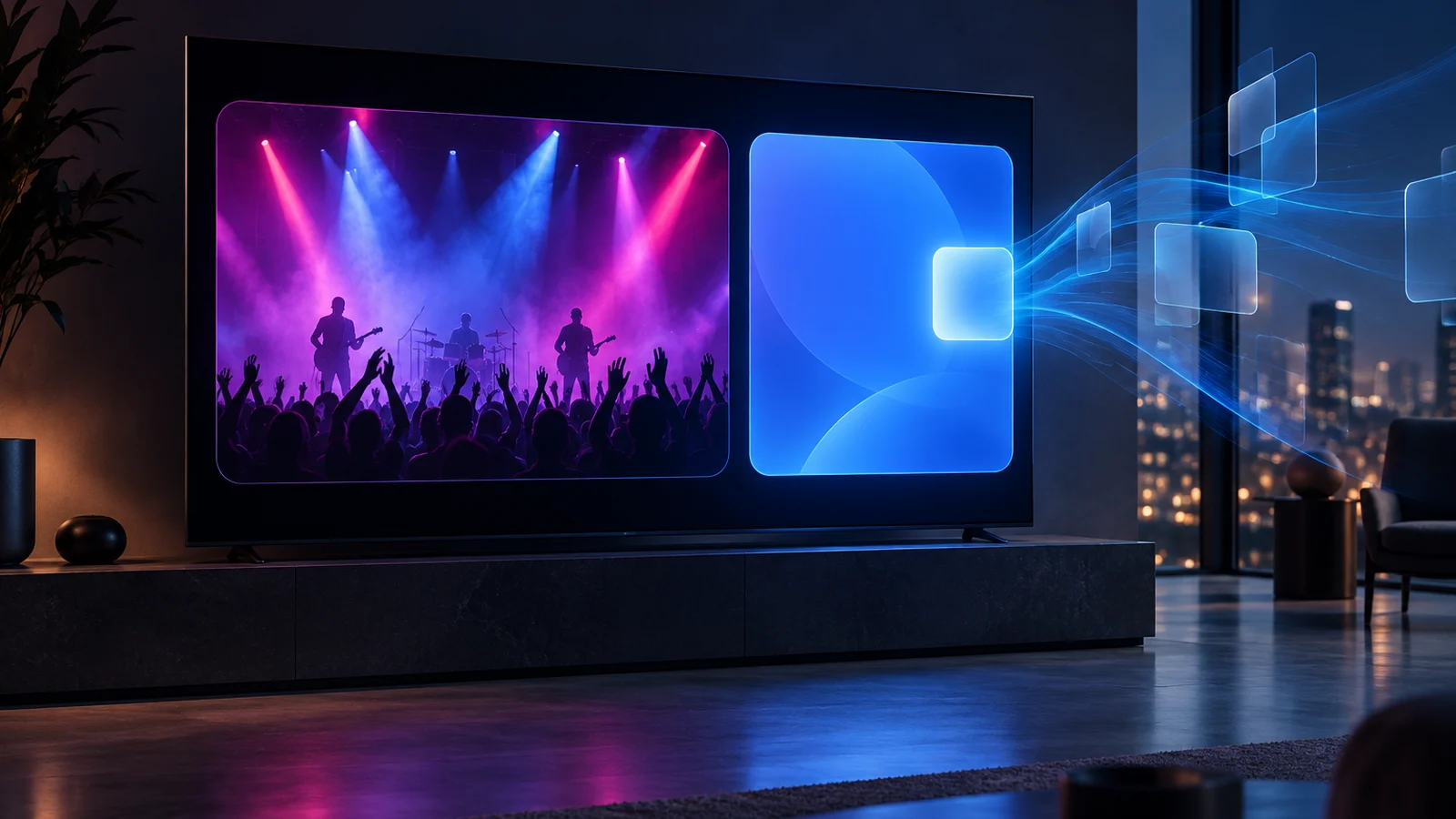 A TV split into two boxes: a live concert on the left and a brand panel on the right.