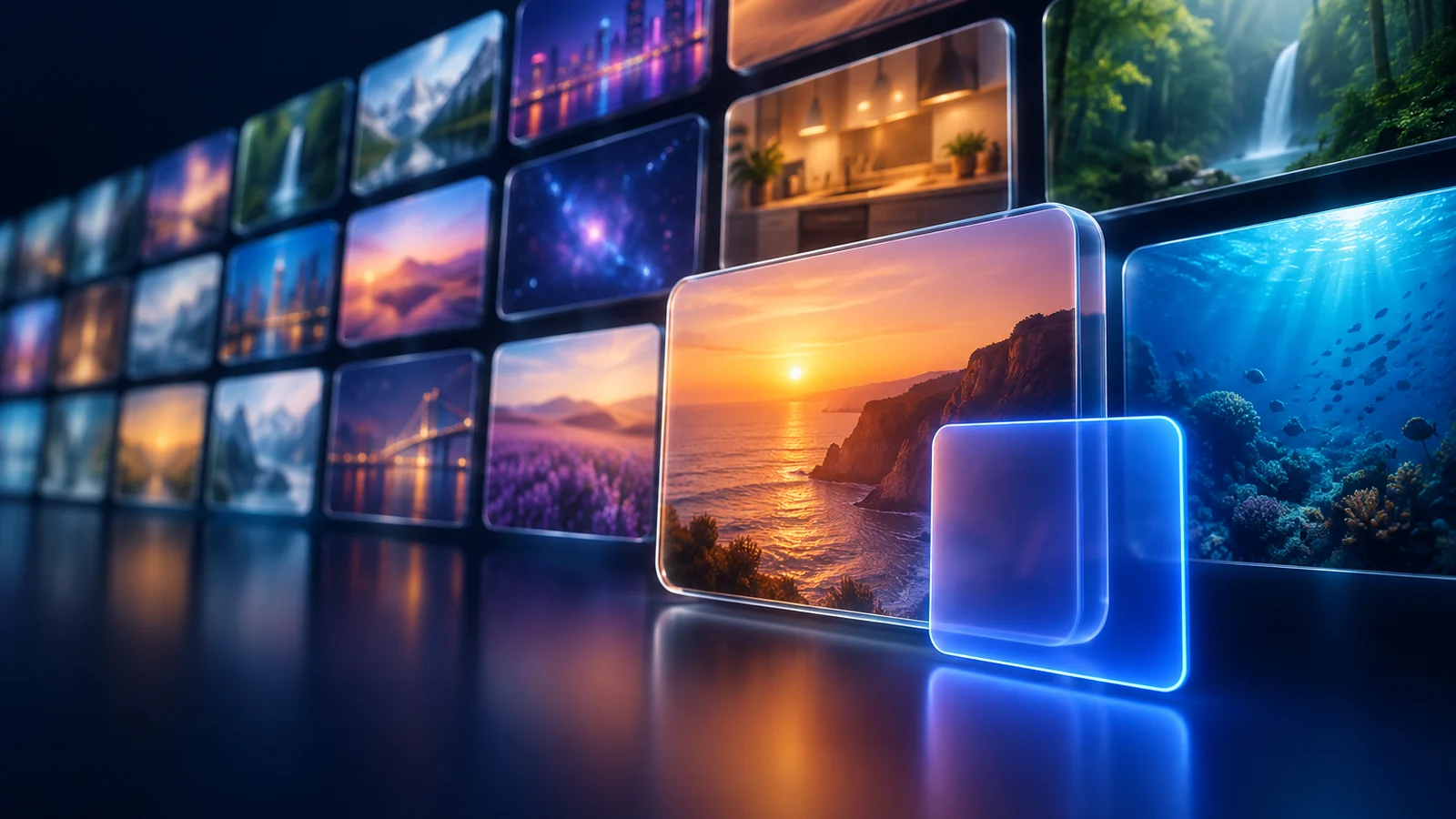 A wall of FAST channel tiles with an interactive ad layer glowing on one channel.
