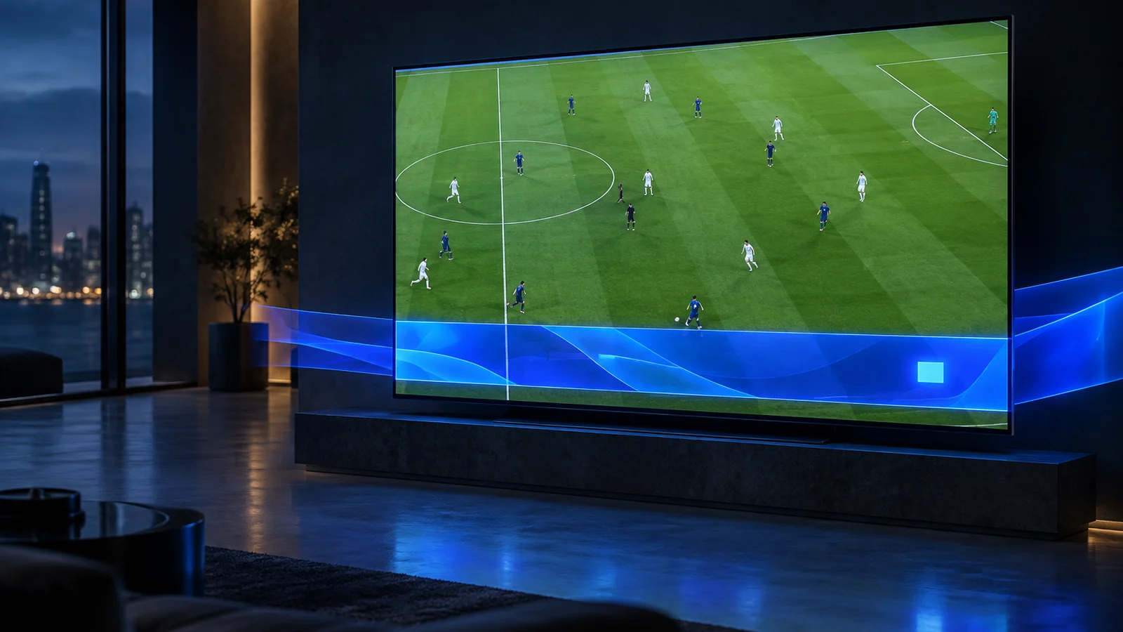 A live soccer match on a large TV with an interactive ad band across the lower third of the screen.