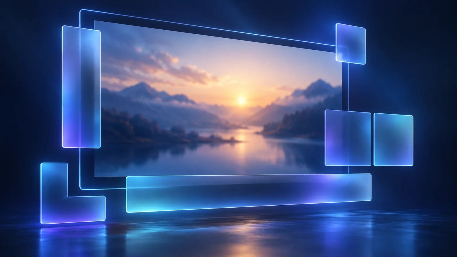 Glass panels in squeezeback, overlay, lower-third and double-box shapes arranged around a video screen.