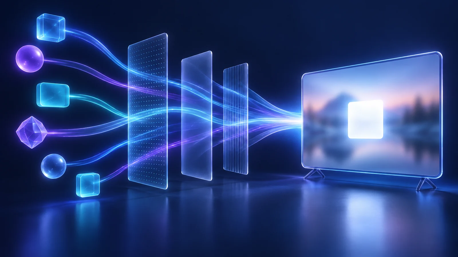 Streams of light from multiple buyer platforms flow through filters into a paused TV screen showing an ad card.
