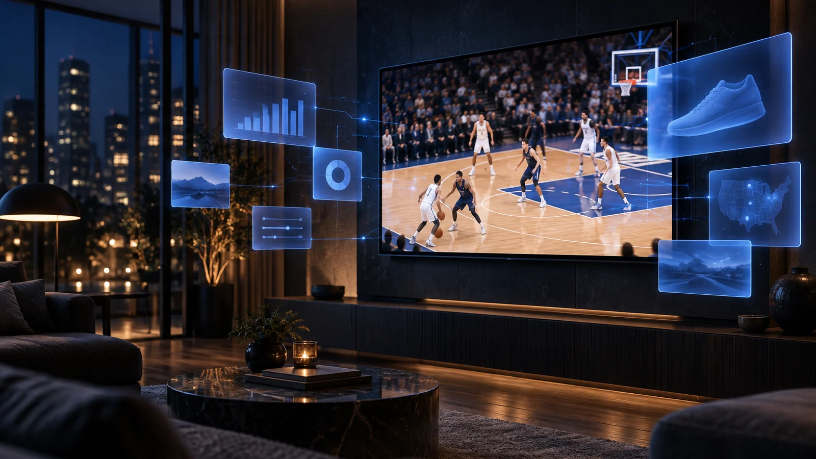 A basketball game on a living-room TV surrounded by floating panels showing stats, a product and a regional map.