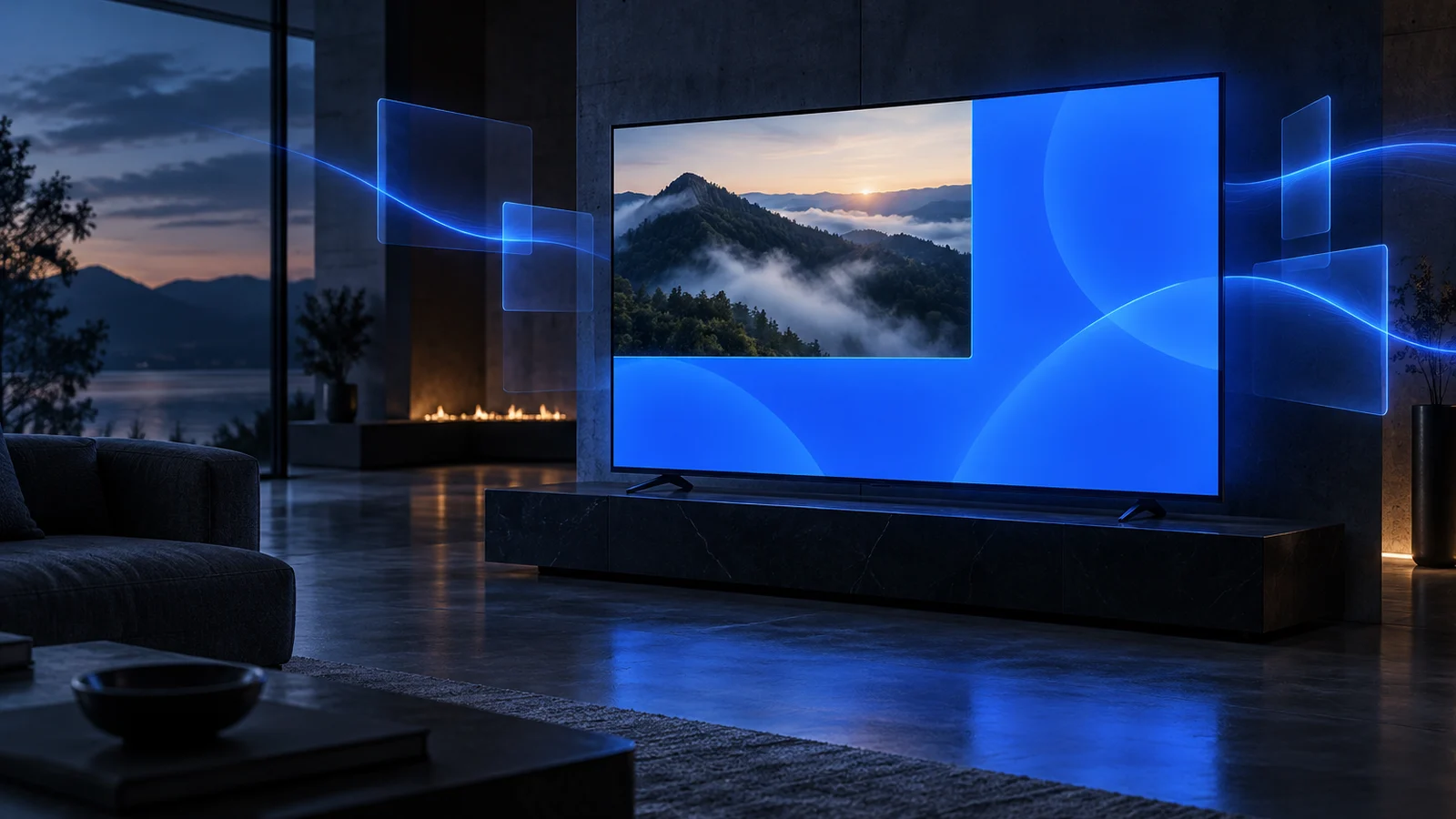 A nature documentary shrinks into the top corner of a TV while a blue L-shaped ad area fills the rest of the screen.