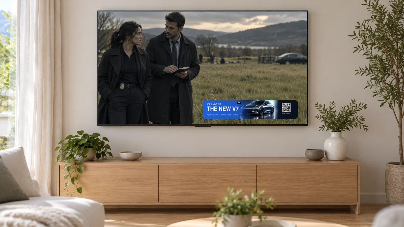 A crime drama plays on a TV, two detectives in a field, while a banner overlay ad for a luxury electric sedan with a QR code runs across the lower right of the screen.