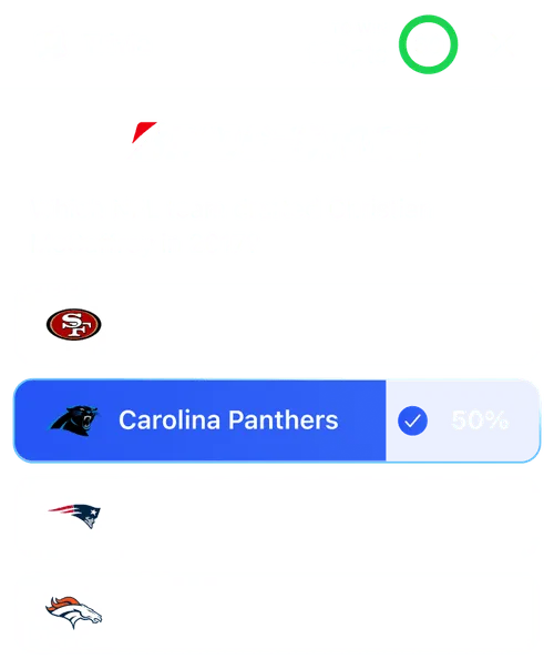 NFL team matchup prediction showing Carolina Panthers with 50% chance, highlighted, against San Francisco 49ers, New England Patriots, and Denver Broncos.