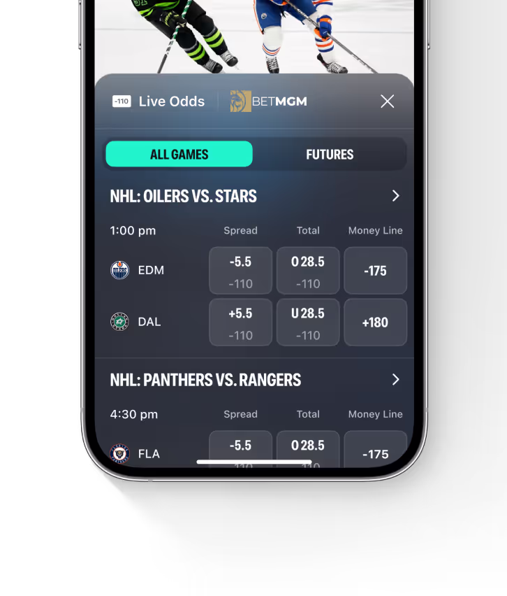 Mobile screen showing BETMGM app with live NHL betting odds for Oilers vs. Stars and Panthers vs. Rangers games, including spread, total, and money line.