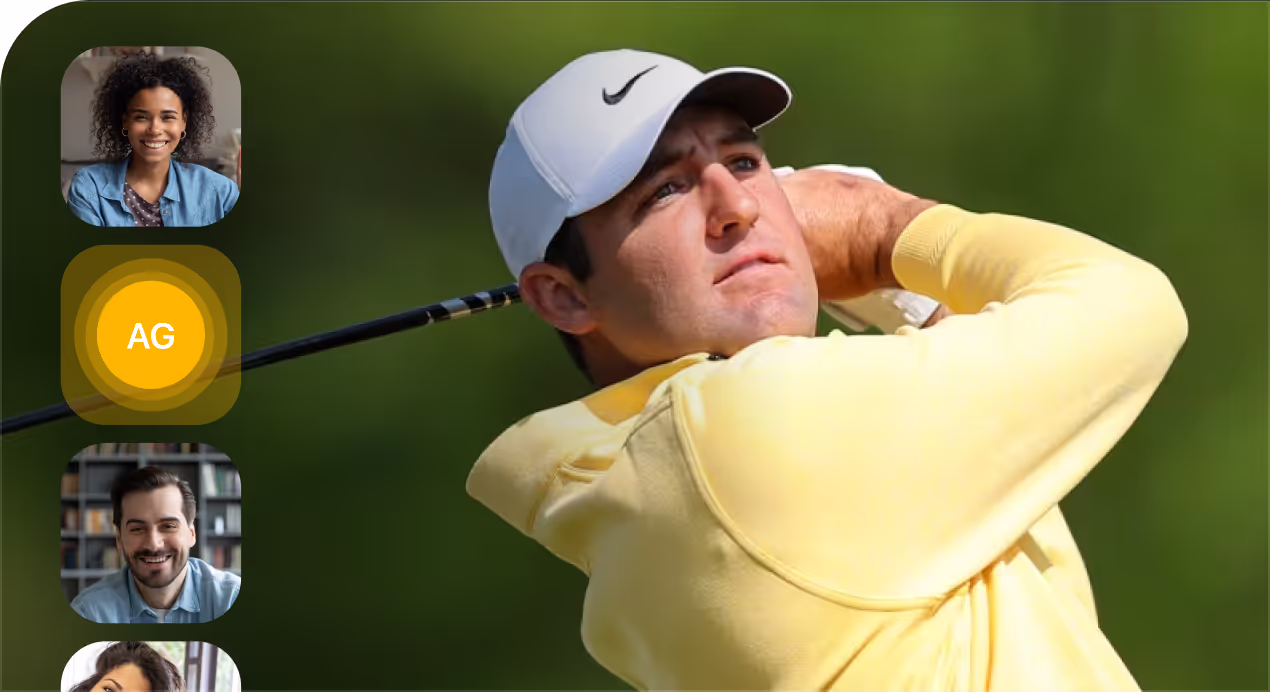 Man in yellow sweater and white cap swinging a golf club with four video call participants on the left side.
