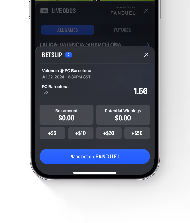 Mobile screen showing a bet slip for a soccer match Valencia vs FC Barcelona with odds of 1.56 for FC Barcelona, bet amount and potential winnings set to $0.00, and buttons to add increments of $5, $10, $20, and $50, plus a blue button to place the bet on FanDuel.