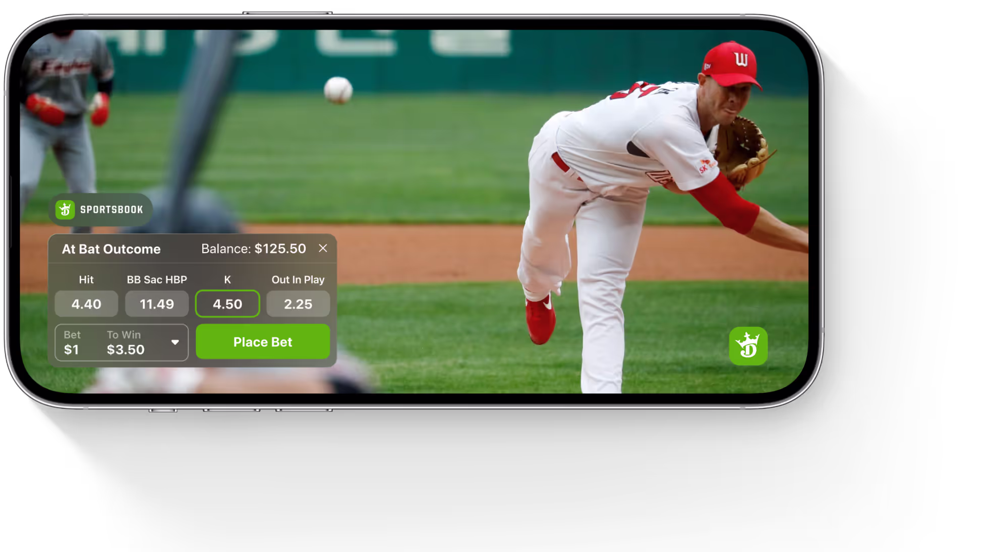 Smartphone screen showing a baseball pitcher in action with a sportsbook betting interface overlay displaying odds and a place bet button.