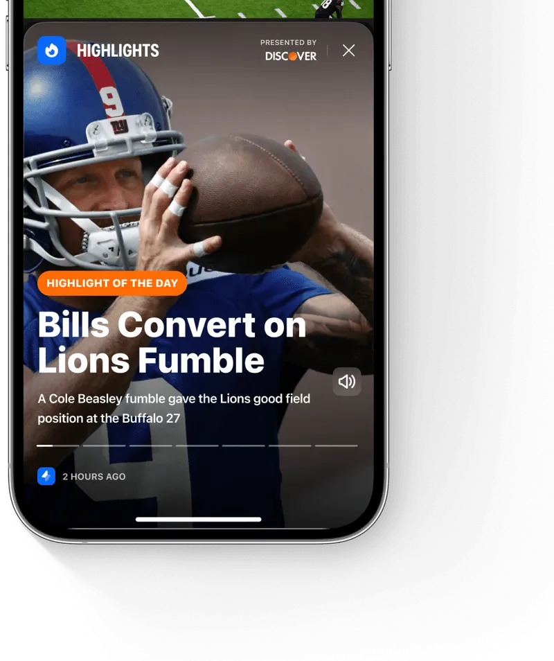 Football player wearing blue helmet and jersey preparing to throw a football, with text about Bills converting on Lions fumble.