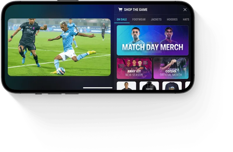 Smartphone screen showing a live soccer match on the left and a sports merchandise shopping app interface on the right with categories like footwear, jackets, hoodies, and hats.