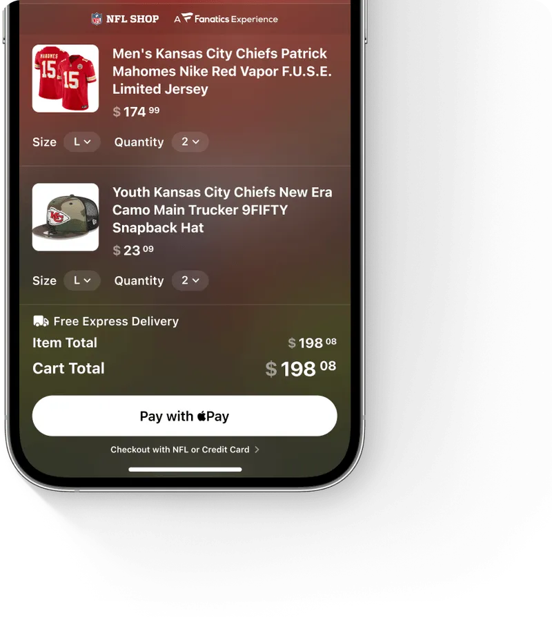 Mobile screen showing NFL Shop checkout with 2 Kansas City Chiefs Patrick Mahomes red jerseys and 2 New Era camo snapback hats, total $198.08, option to pay with Apple Pay.
