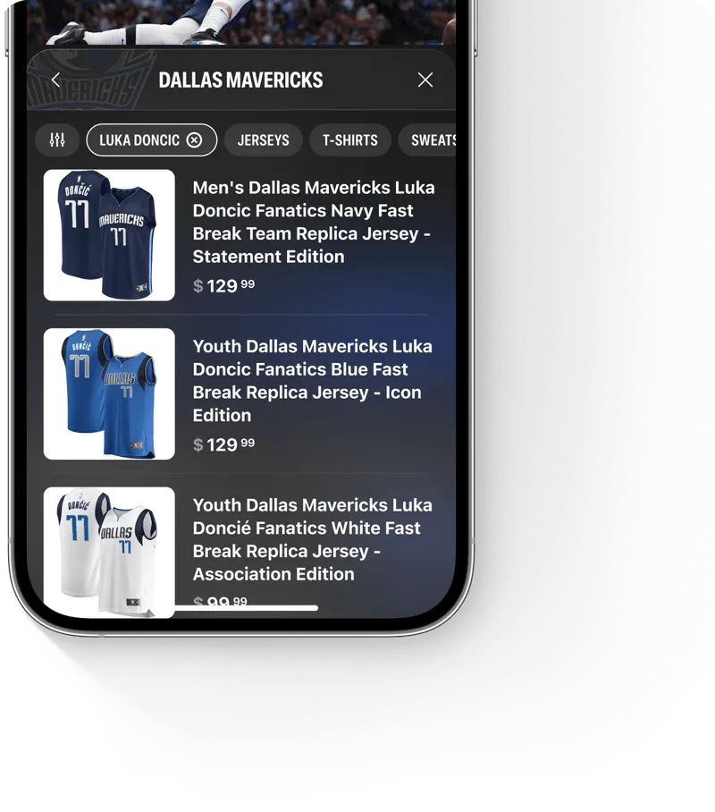 Mobile screen showing Dallas Mavericks Luka Doncic replica jerseys in navy, blue, and white with prices around $129.99.