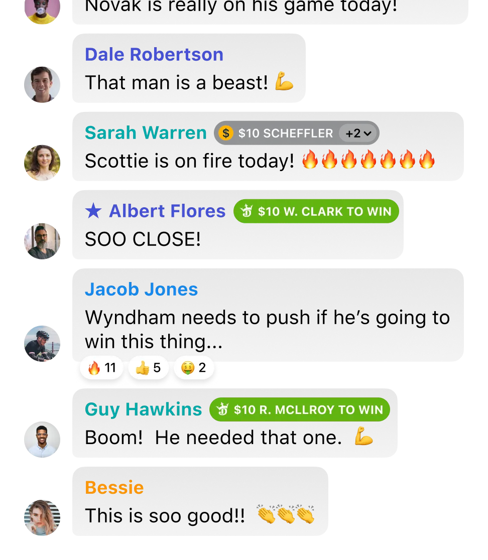 Chat conversation with users Dale Robertson, Sarah Warren, Albert Flores, Jacob Jones, Guy Hawkins, and Bessie discussing a game with comments, emojis, and $10 bets on players Scheffler, W. Clark, and R. McIlroy.