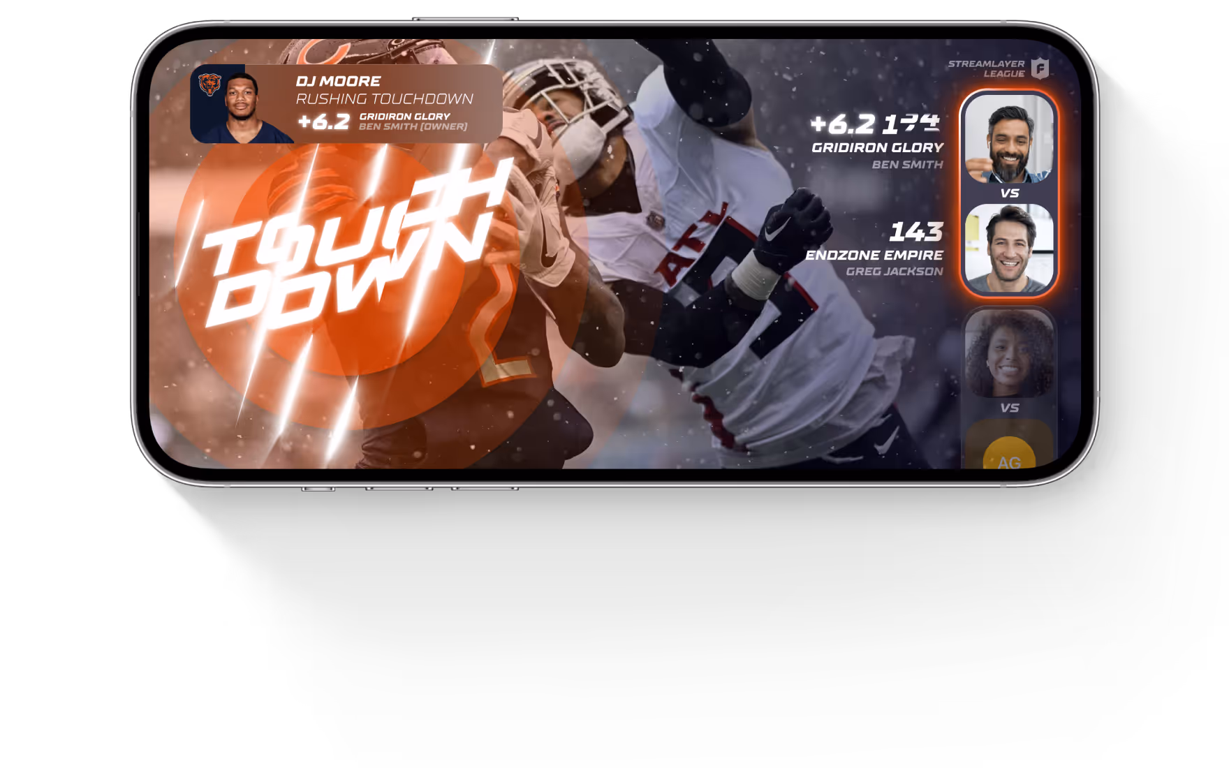 Mobile screen showing a football game app with a touchdown announcement for player DJ Moore and a score comparison between Gridiron Glory and Endzone Empire teams.