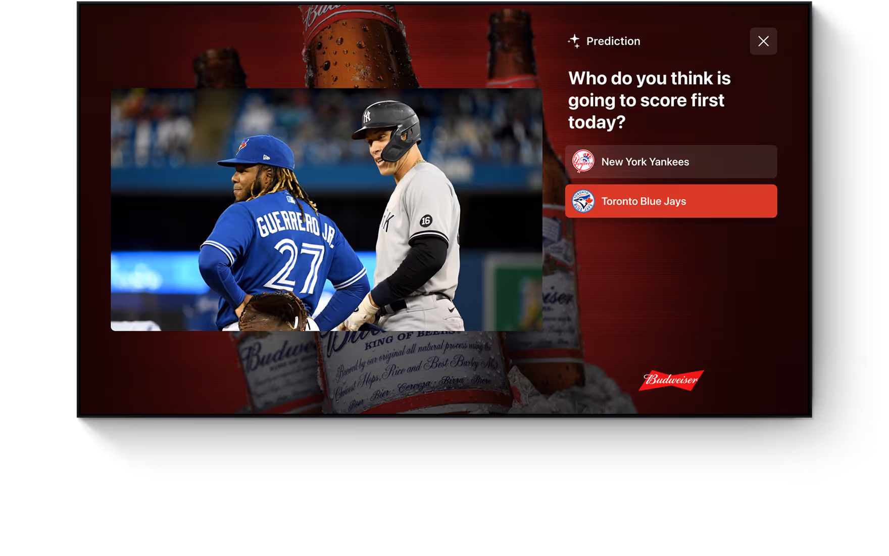 Baseball players Vladimir Guerrero Jr. of the Toronto Blue Jays and a New York Yankees player standing on the field, with a prediction poll asking who will score first today, highlighting Toronto Blue Jays.