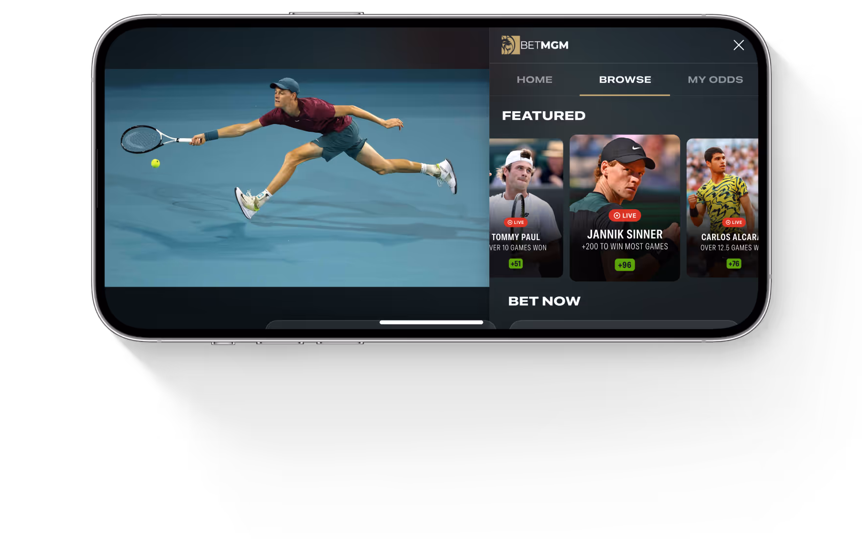 Mobile phone screen showing a tennis player lunging to hit a ball with a racket on the left, and a BetMGM betting app interface with live tennis player odds on the right.