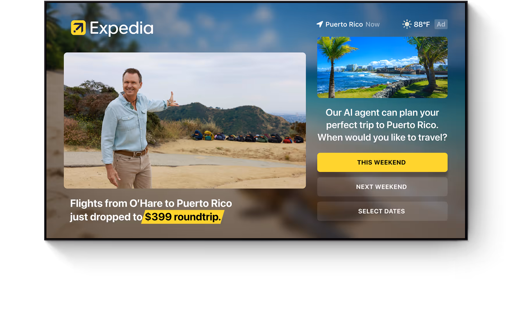 Expedia ad showing a man pointing towards hiking backpacks on a trail, promoting $399 roundtrip flights from O'Hare to Puerto Rico with options to plan a trip using AI agent.