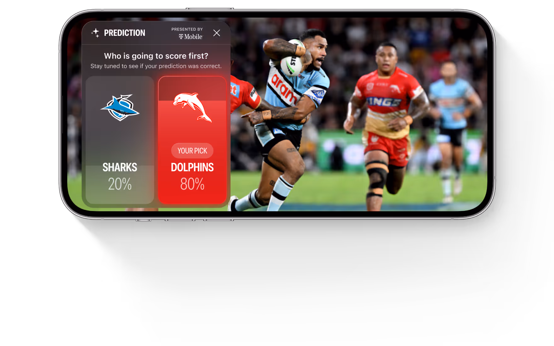 Mobile phone screen showing a sports prediction poll for who will score first, with Sharks at 20% and Dolphins at 80%, over a background of rugby players in action.