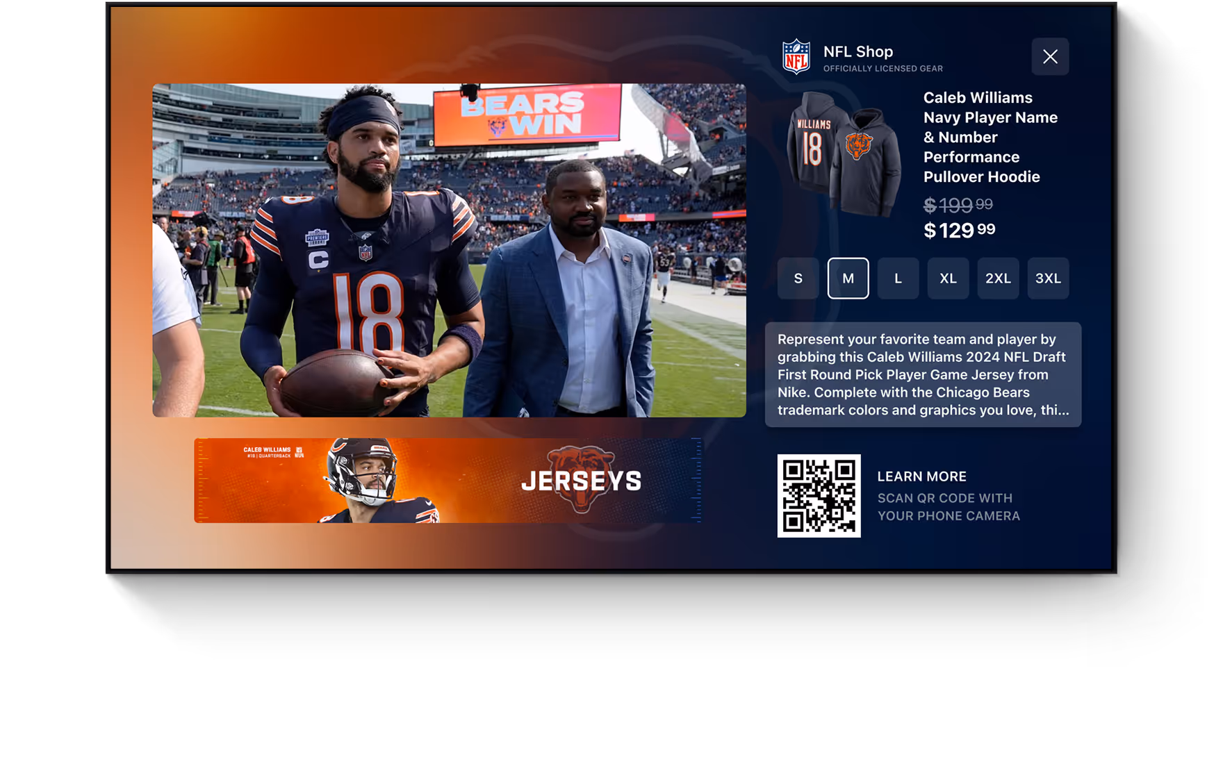Chicago Bears quarterback Caleb Williams in uniform holding a football on the field with a man in a blue suit beside him, alongside NFL Shop ad for Caleb Williams navy performance pullover hoodie priced at $129.99 with size options and QR code for more info.