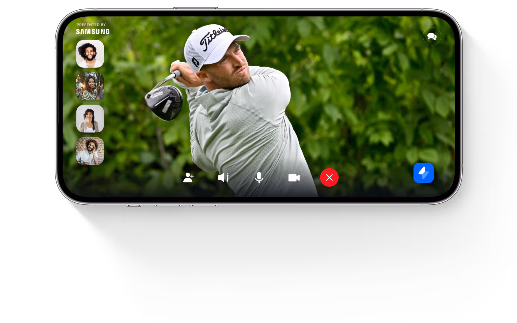 Smartphone screen showing a video call with a man swinging a golf club, four participant thumbnails on the left, and call control icons at the bottom.