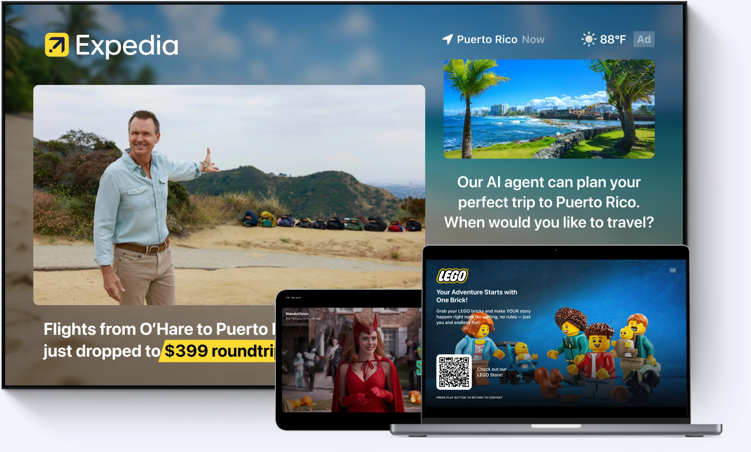 StreamLayer pause ad examples across connected TV, tablet, and laptop screens