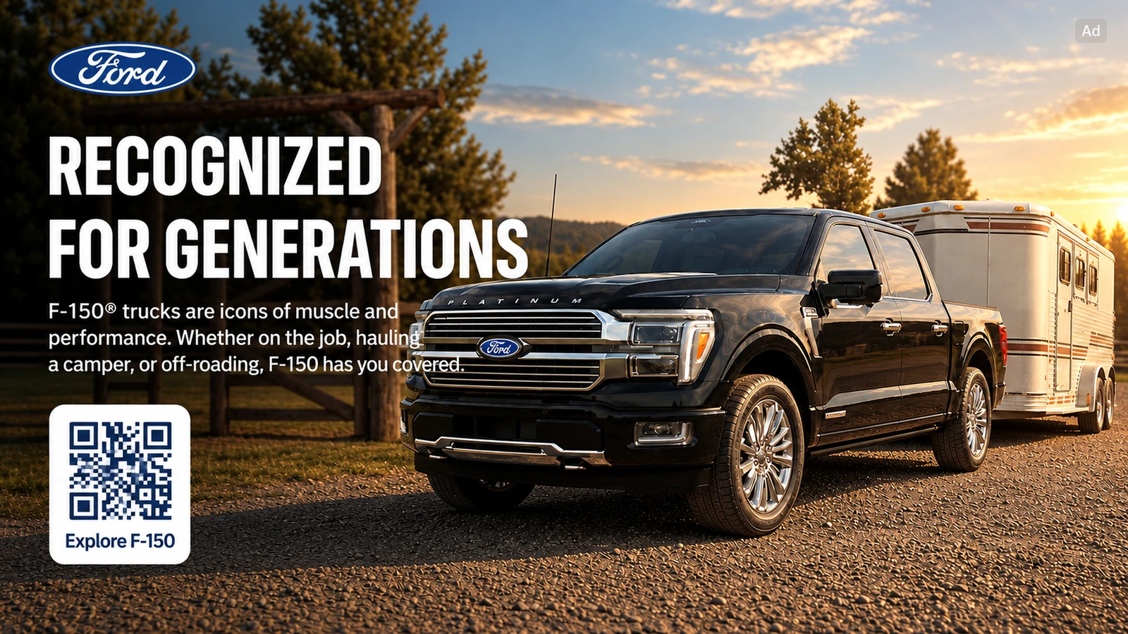 Ford F-150 full-screen pause ad with an Explore F-150 QR code