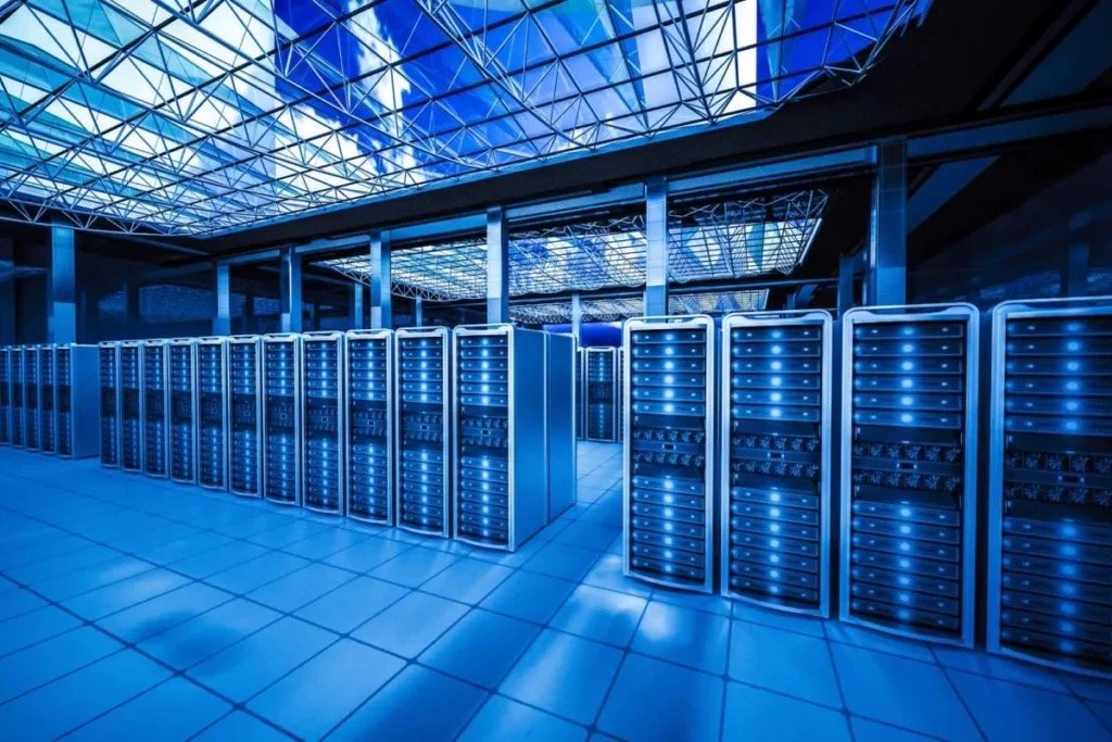Rows of server equipment in a modern data center