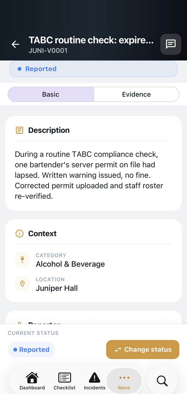 HOSP violation record with agency, date, and status
