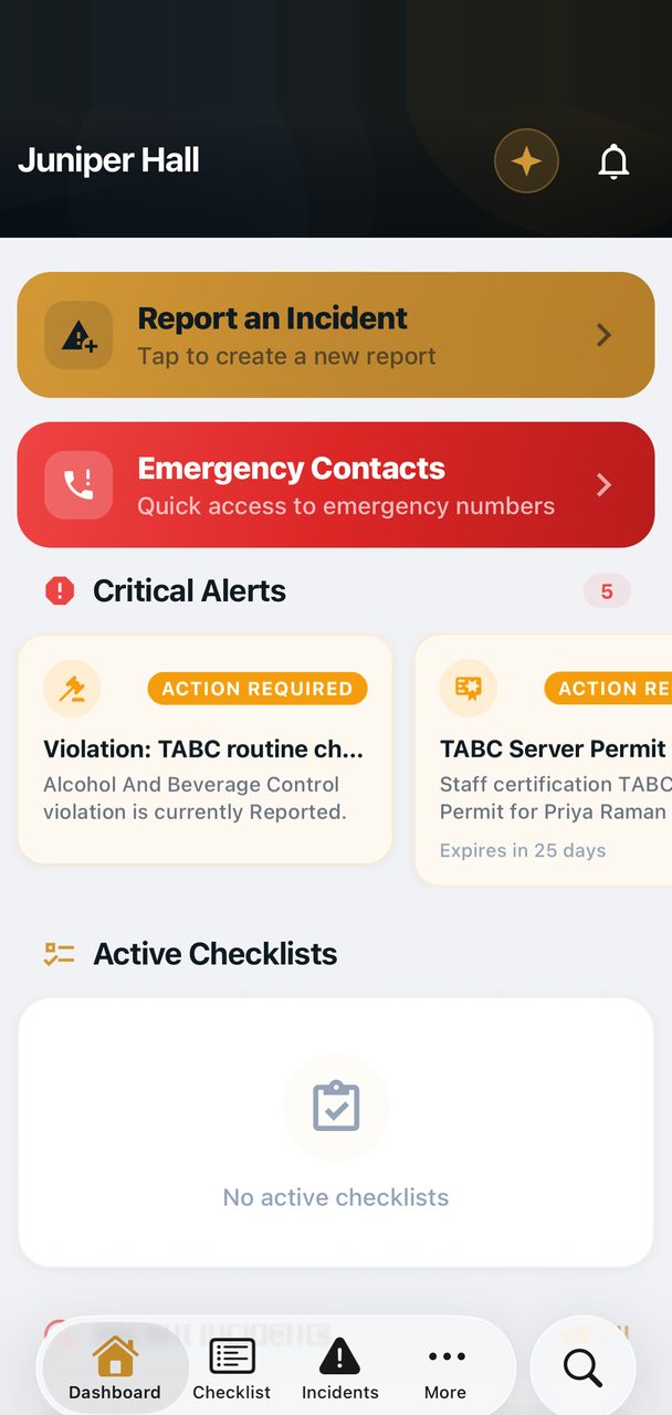 HOSP dashboard for Juniper Hall showing critical alerts, incidents, and checklist progress