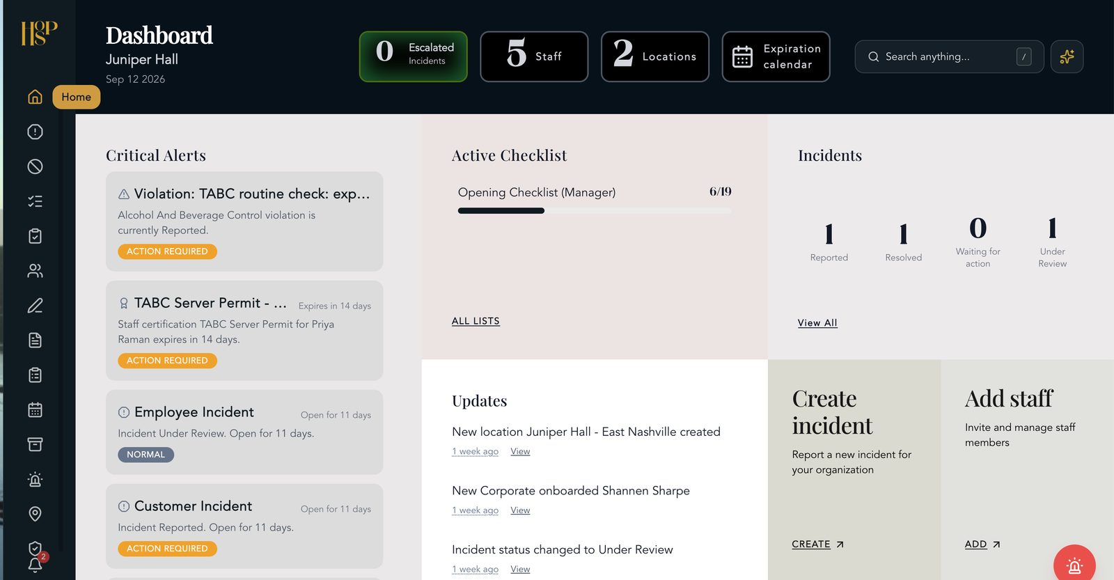 HOSP dashboard with search and critical alerts for Juniper Hall