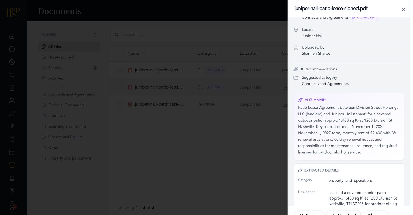HOSP Form Bank review drawer with an AI summary of an uploaded lease