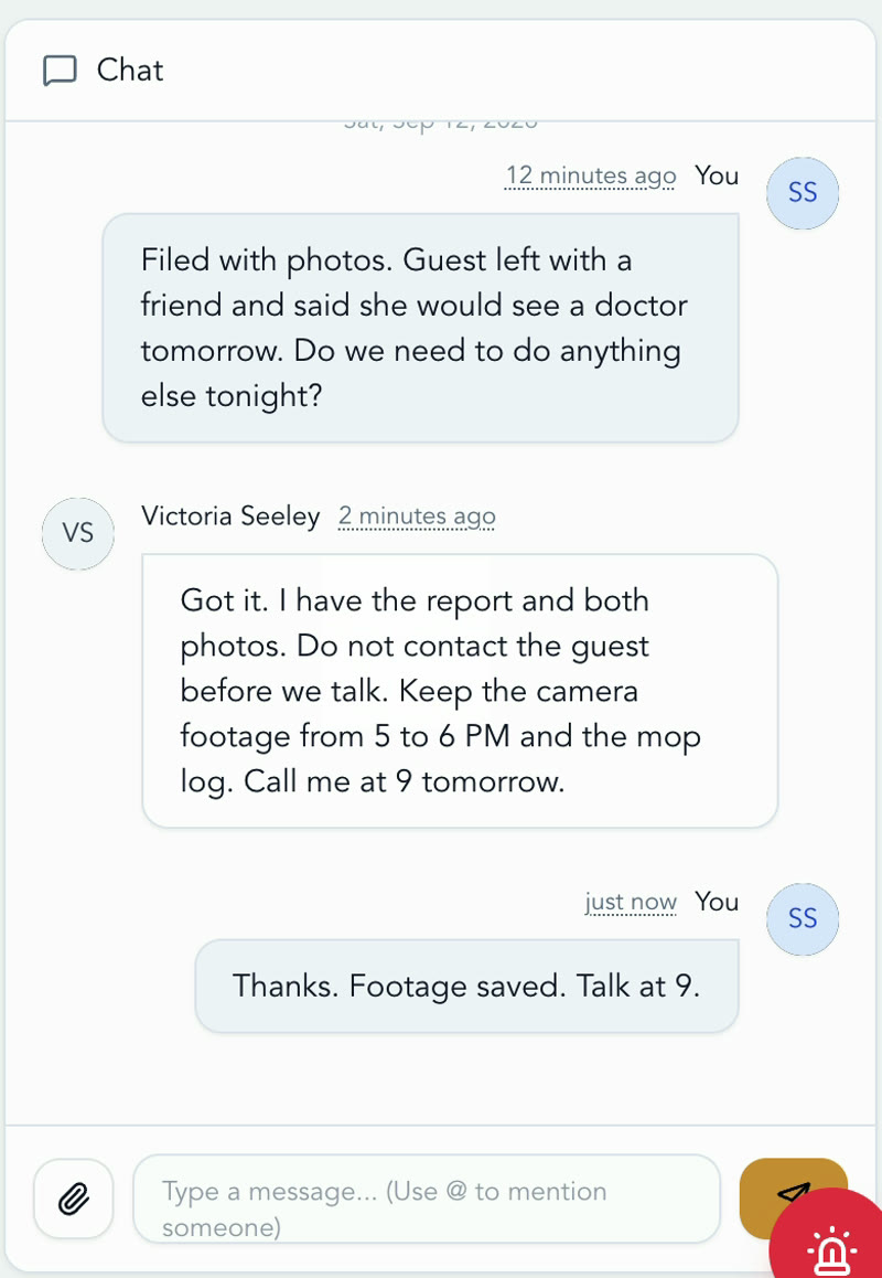 HOSP incident chat: a manager files with photos, Victoria Seeley from the HOSP team replies with next steps